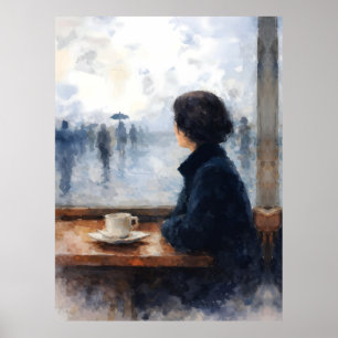 Nachdenkliche Frau Regnerisches Caféfenster Aquare Poster