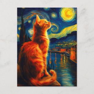 Nachdenkliche rote Katze Sternenhimmel Feiertagspostkarte