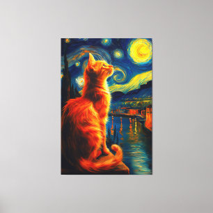 Nachdenkliche rote Katze   Sternenhimmel Leinwanddruck