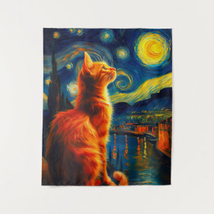 Nachdenkliche rote Katze Sternenhimmel Wandteppich