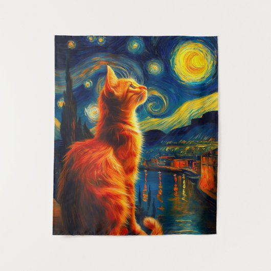 Nachdenkliche rote Katze | Sternenhimmel Wandteppich (Vorderseite)