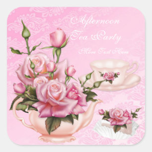 Nachmittags-Teeparty Rosa Pfirsich-Rosen-Blumentee Quadratischer Aufkleber
