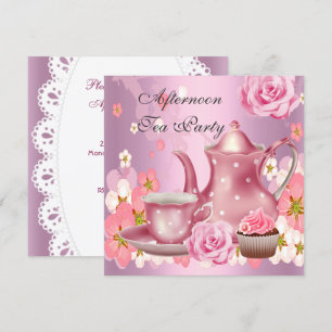 Nachmittags-Teeparty Vintage Rosa Rosen-Teekanne Einladung