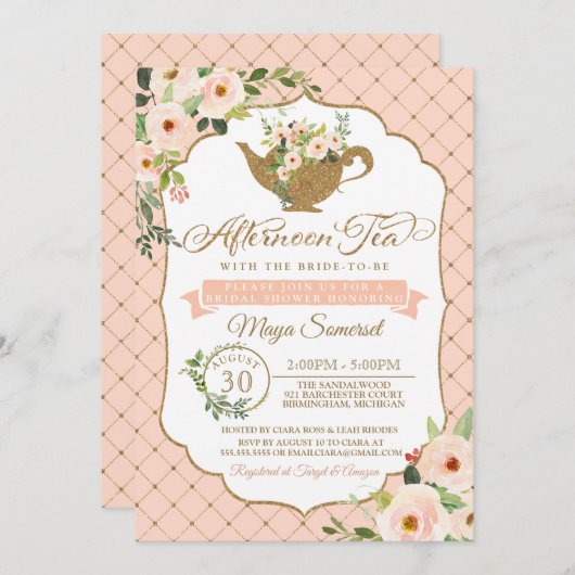 Nachmittagstee Luxus Blush Brautparty Einladung (Vorne/Hinten)