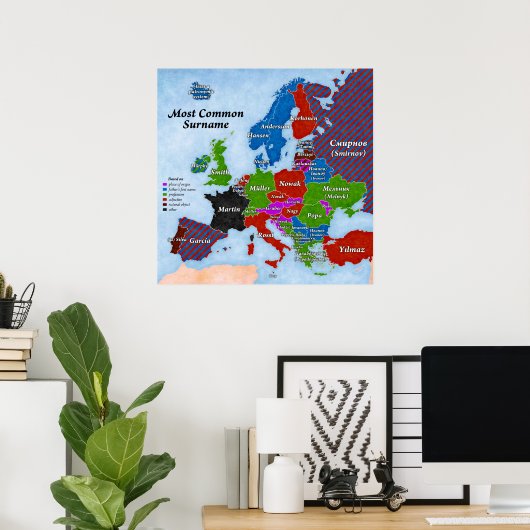 Nachnamen Europe Map Poster (Heimbüro)
