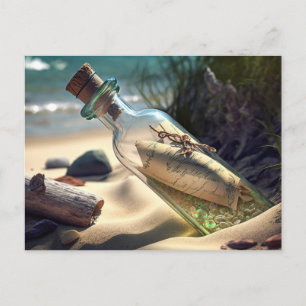 Nachricht in einer Flasche am Strand Postkarte
