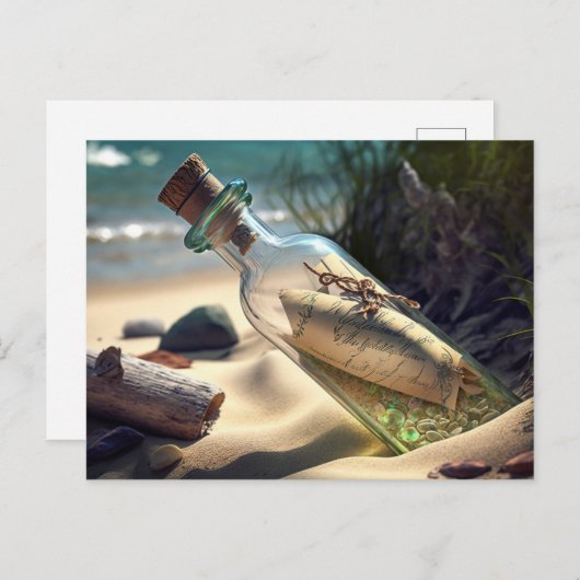 Nachricht in einer Flasche am Strand Postkarte (Vorne/Hinten)