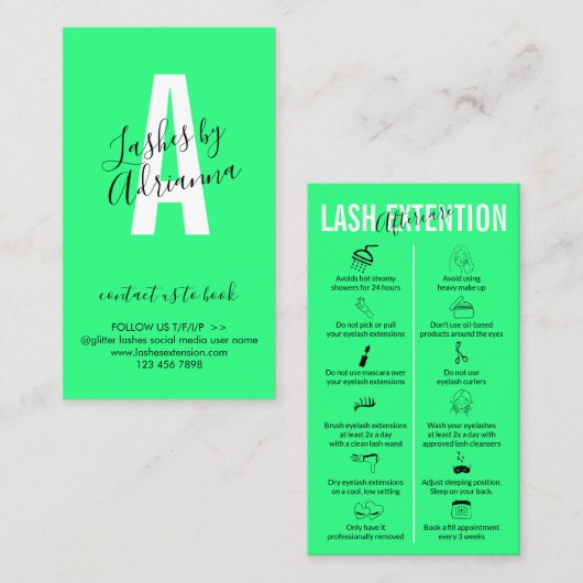 Nachsorge für Lash Extension Neon Green Visitenkarte (Vorne/Hinten)