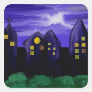 Nacht Himmel Stadt Wolkenkratzer Leinwand Kunst Quadratischer Aufkleber