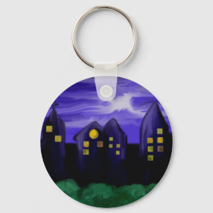Nacht-Himmel-Stadt-Wolkenkratzer-Leinwand-Kunst Schlüsselanhänger