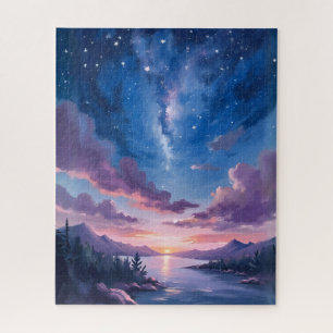 Nacht Himmel   Sternensee Lila Aquarell Puzzle