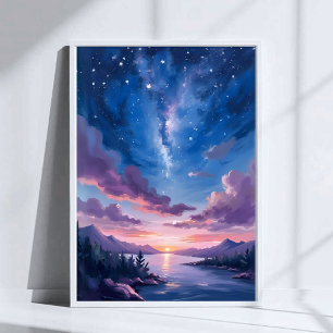 Nacht Himmel Sternsee Lila Aquarell Poster