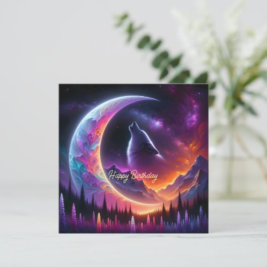 Nacht Himmel Wolf heult Halbmond Geburtstag (Stehend Vorderseite)