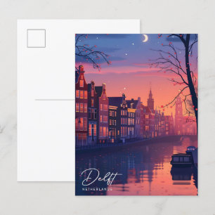 Nacht in Delft Niederlande Vintage Reise  Postkarte