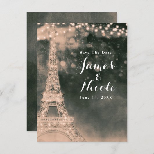Nacht in Paris Eiffelturm & Lights Save the Date Ankündigungspostkarte (Vorne/Hinten)
