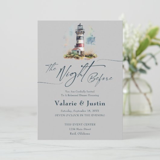 Nacht vor Hochzeit Probe Abendessen Leuchtturm Einladung (Stehend Vorderseite)