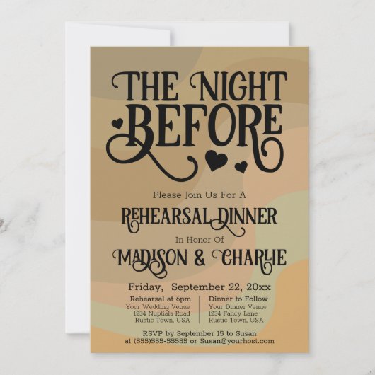 Nacht vor Retro Tan Hochzeit Probe & Abendessen Einladung (Vorderseite)
