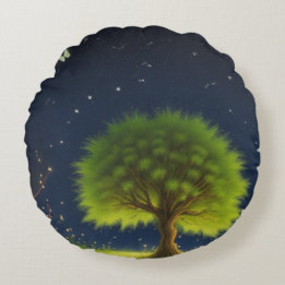 Nacht-Weidenbaum mit Schmetterlingen und Glühwürme Rundes Kissen