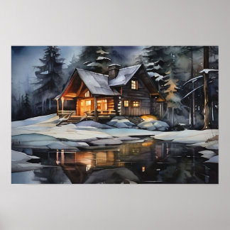 Nachtbehagliche Winterhütte Poster