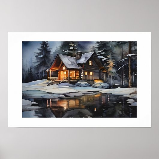 Nachtbehagliche Winterhütte Poster (Vorne)