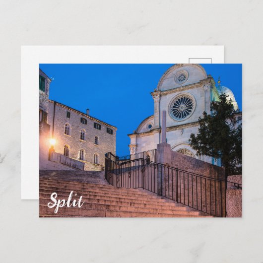 Nachtblick auf Treppe und Kirche in Split, Kroatie Postkarte (Vorne/Hinten)