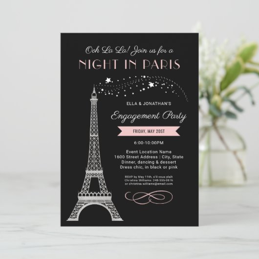 Nächte in Paris Eiffelturm Pink Engagement Party Einladung (Stehend Vorderseite)