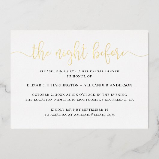 Nächte zuvor. Elegantes Abendessen mit Goldskript- Folieneinladung (Vorderseite)