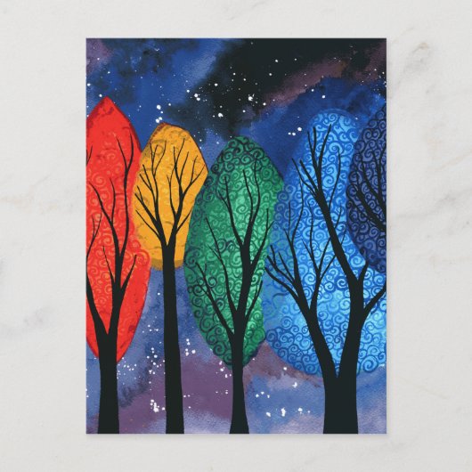 Nachtfarbe - Regenbogen Wirble Bäume Sternenhimmel Postkarte (Vorderseite)