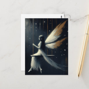 Nachtfee auf einer Schaukel im weißen Kleid Postkarte
