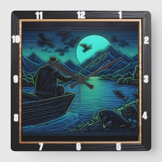 Nachtfischen Quadratische Wanduhr (Vorderseite)
