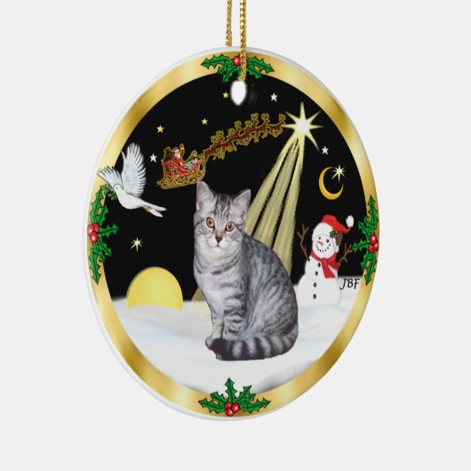 Nachtflug (GW) - Silberne Tabby-Katze Keramik Ornament (Rechts)