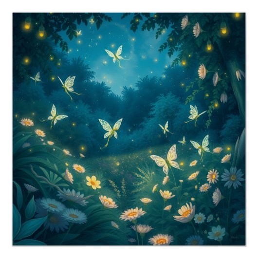 Nachtgarten mit Blume und Kaminen Poster (Vorderseite)