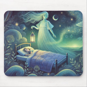 Nachtgeist mit Laterne über einem schlafenden Kind Mousepad