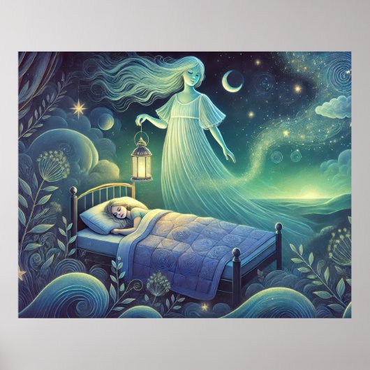 Nachtgeist mit Laterne über schlafendes Kind Poster (Vorne)