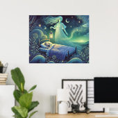 Nachtgeist mit Laterne über schlafendes Kind Poster (Heimbüro)