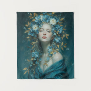 Nachtgöttin in blauen Blumen Wandteppich