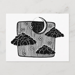 Nachthimmel Halbmond Wolken Handgezeichnete Illust Postkarte