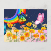 Nachthimmel, Regenbogen, Schmetterlinge und Blume Ankündigungspostkarte (Vorderseite)