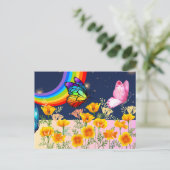 Nachthimmel, Regenbogen, Schmetterlinge und Blume Ankündigungspostkarte (Stehend Vorderseite)