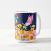 Nachthimmel, Regenbogen, Schmetterlinge und Blume Kaffeetasse (VorderseiteRechts)