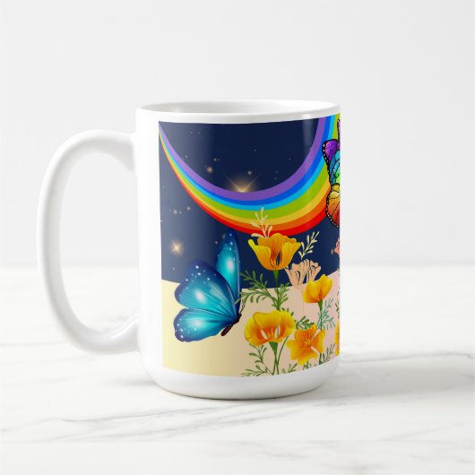 Nachthimmel, Regenbogen, Schmetterlinge und Blume Kaffeetasse (Links)