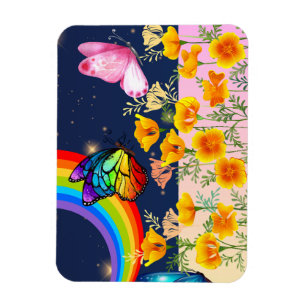 Nachthimmel, Regenbogen, Schmetterlinge und Blume Magnet