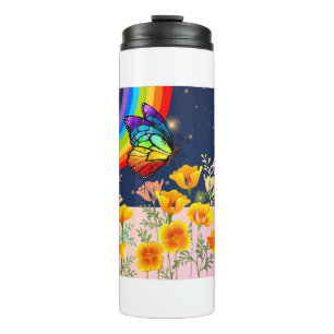 Nachthimmel, Regenbogen, Schmetterlinge und Blume Thermosbecher