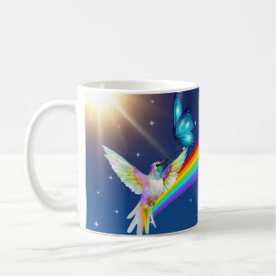 Nachthimmel, zwei Vögel, Schmetterlinge und ein Re Kaffeetasse