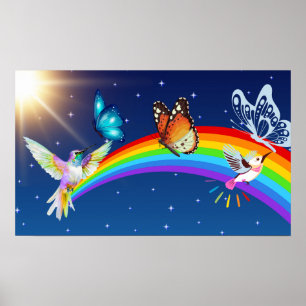 Nachthimmel, zwei Vögel, Schmetterlinge und ein Re Poster