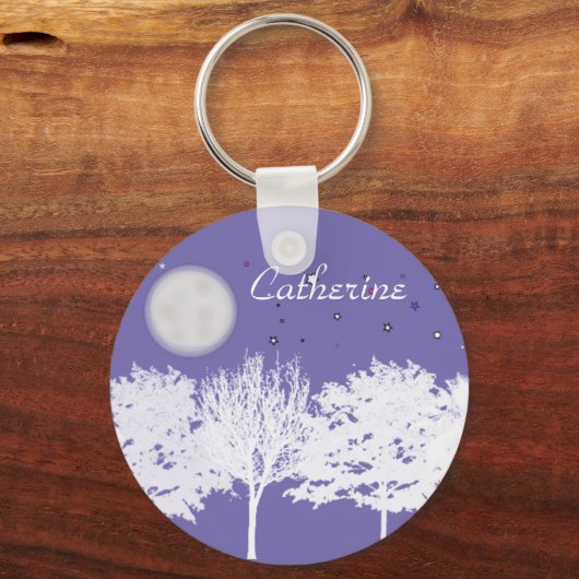 Nachthimmelmond und Sternenbäume Silhouette Art Schlüsselanhänger (Vorderseite)