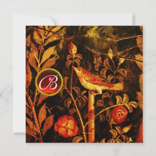 NACHTIGALL MIT ROSEN MONOGRAMM, Rot Schwarz Gold Einladung