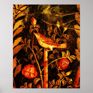 NACHTIGALL MIT ROSEN, Rot Schwarz Gelb Poster