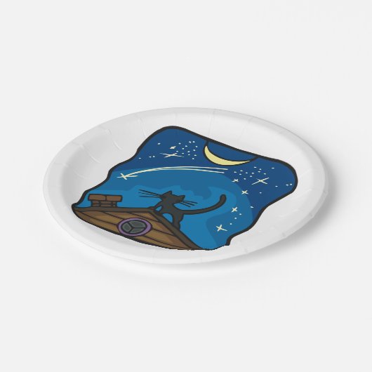 Nachtkatze auf einem Dach Pappteller (Schrägansicht)