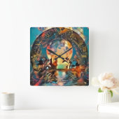 Nachtliche asiatische Silhouetten im Mondlicht Quadratische Wanduhr (Zuhause)